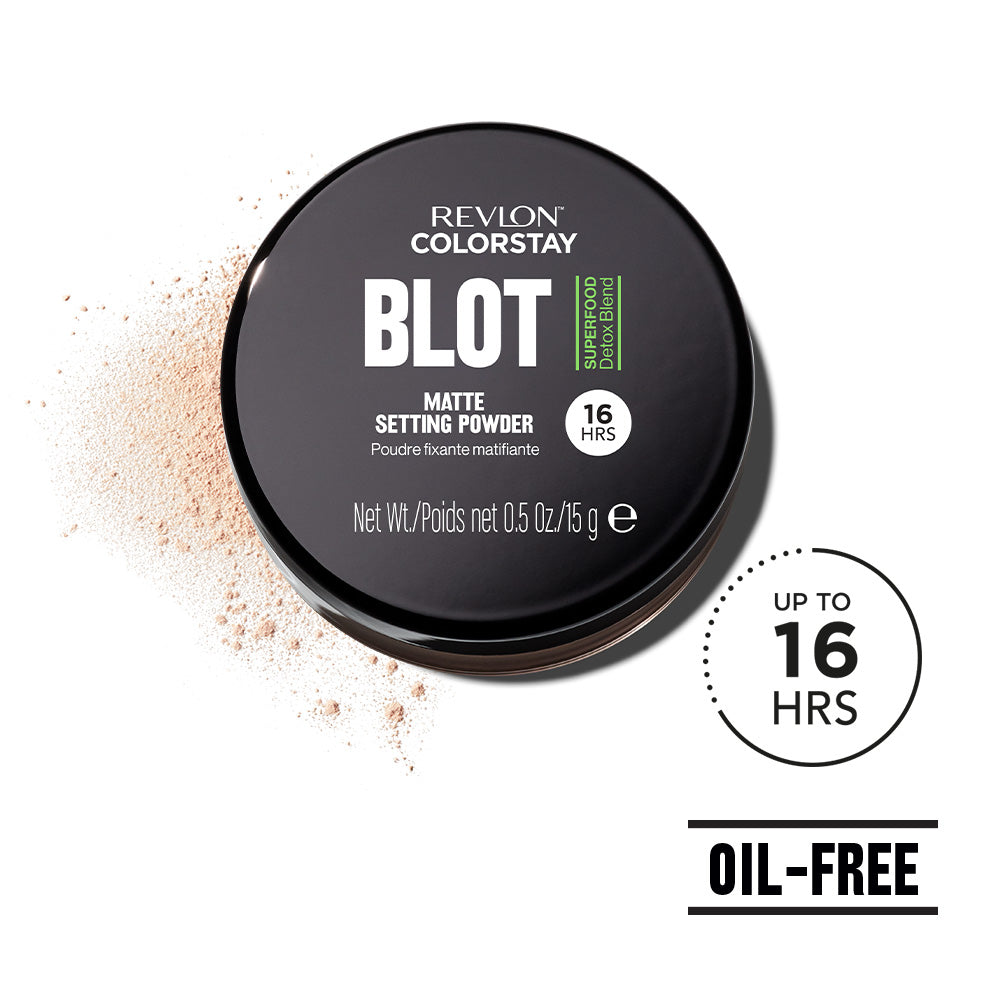 Pudër fiksuese Revlon ColorStay Blot, pudër matifikues qëndron deri në 16 orë, redukton pamjen e poreve, kontrollon shkëlqimin, thith sebum të tepërt, përbërje mbrojtëse me Citrus Aloe Broccoli, nuancë universale, pa parabene, Revlon ColorStay Blot Setting Powder, mattifying setting powder, longwear up to 16 hours, reduces pores, controls shine, absorbs excess sebum, protective formula with Citrus Aloe Broccoli, universal shade, paraben-free