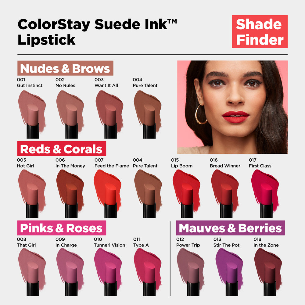 Revlon ColorStay Suede Ink Lipstick, longwear matte lipstick, smudge-proof and transfer-resistant, 8-hour wear, intense pigmented vegan formula, precise angled tip for easy application | Buzëkuq Revlon ColorStay Suede Ink, buzëkuq mat qëndron gjatë, pa njolla dhe pa transferim, qëndron deri në 8 orë, formulë vegane me pigment të theksuar, majë e pjerrët për aplikim të saktë