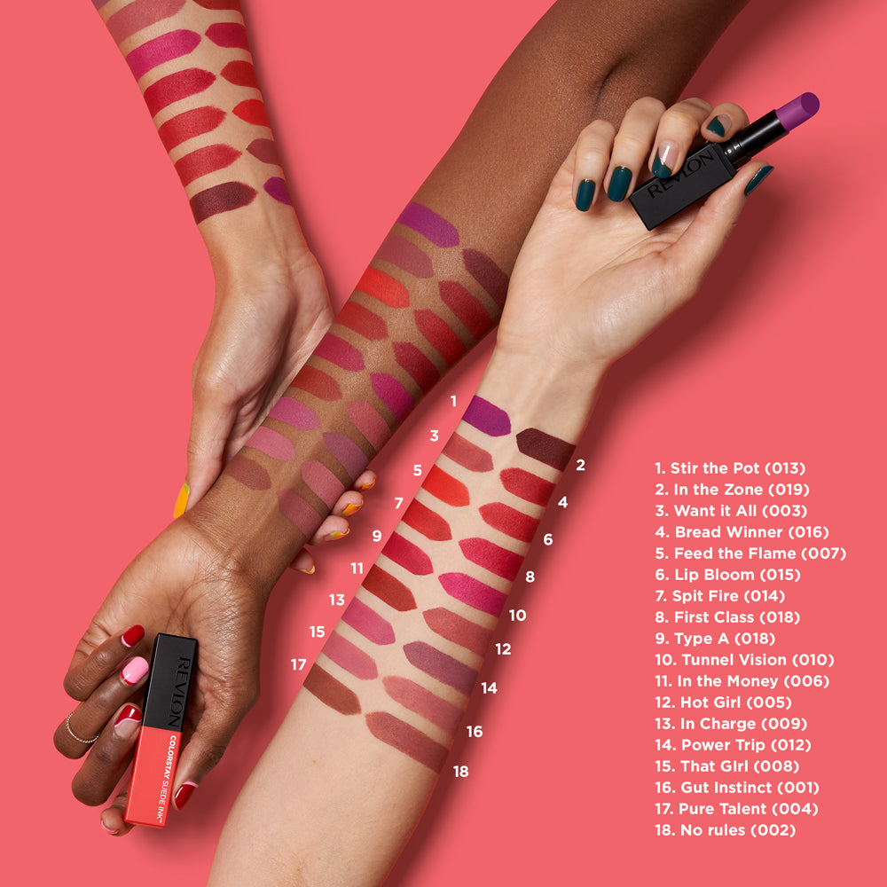 Revlon ColorStay Suede Ink Lipstick, longwear matte lipstick, smudge-proof and transfer-resistant, 8-hour wear, intense pigmented vegan formula, precise angled tip for easy application | Buzëkuq Revlon ColorStay Suede Ink, buzëkuq mat qëndron gjatë, pa njolla dhe pa transferim, qëndron deri në 8 orë, formulë vegane me pigment të theksuar, majë e pjerrët për aplikim të saktë