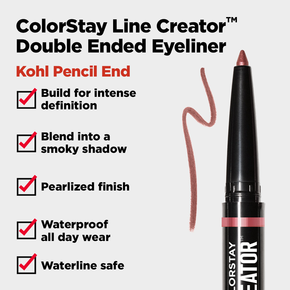 ColorStay Line Creator Double Ended Liner – penel eyeliner me dy skaje, laps kohl kremoze dhe penel likuid me pigment të lartë, i papërshkueshëm nga uji dhe transferimet, veshje deri në 48 orë / ColorStay Line Creator Double Ended Eyeliner – dual-ended pencil with creamy kohl and liquid liner, high-pigment, waterproof and smudge-proof, long-lasting up to 48 hours
