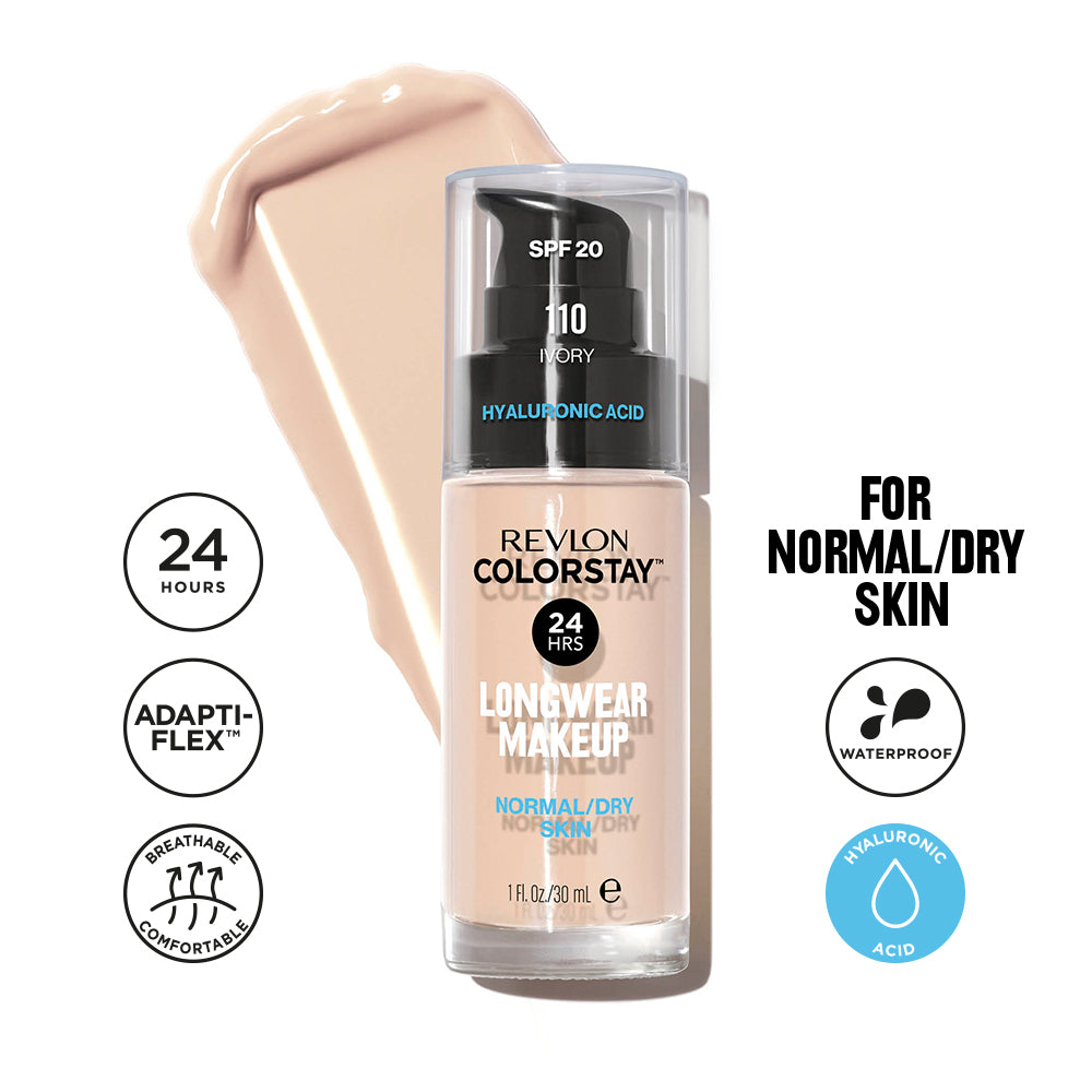 Revlon ColorStay Longwear Makeup for Normal/Dry Skin, 24-hour foundation, hydrating longwear foundation, natural soft finish, SPF 20 broad spectrum, high-performance pigment, hyaluronic acid for moisture | Fondatinë Revlon ColorStay për lëkurë normale/të thatë, fondatinë qëndron deri në 24 orë, hidratues dhe me mbulim të gjatë, përfundim natyral dhe i butë, SPF 20, pigment me performancë të lartë, Acid Hyaluronic për lagështi
