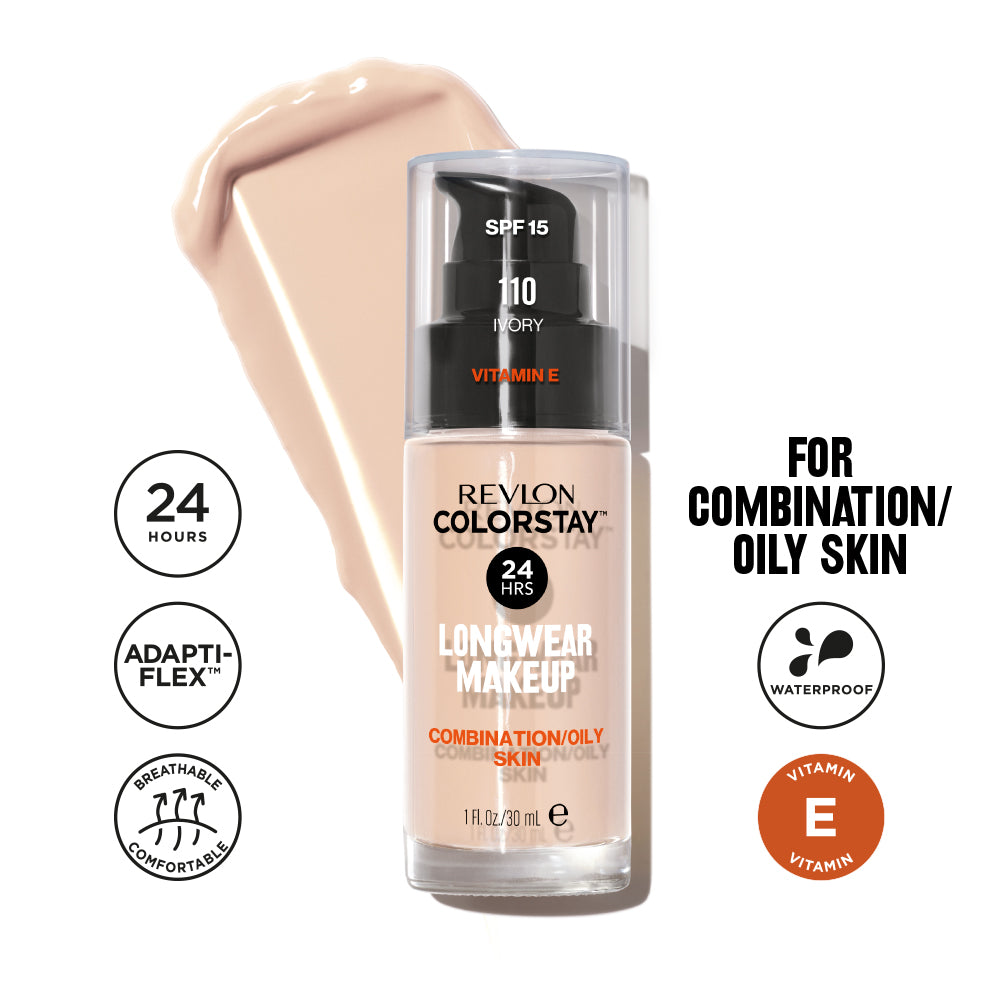 Revlon ColorStay Longwear Makeup for Combination/Oily Skin, 24-hour foundation, oil-absorbing longwear foundation, smooth matte finish, SPF 15 broad spectrum, high-performance pigment, vitamin E antioxidant | Fondatinë Revlon ColorStay për lëkurë të kombinuar/të yndyrshme, fondatinë qëndron 24 orë, thith vajin dhe ofron përfundim të lëmuar dhe mat, SPF 15, pigment me performancë të lartë, Vitaminë E antioksiduese