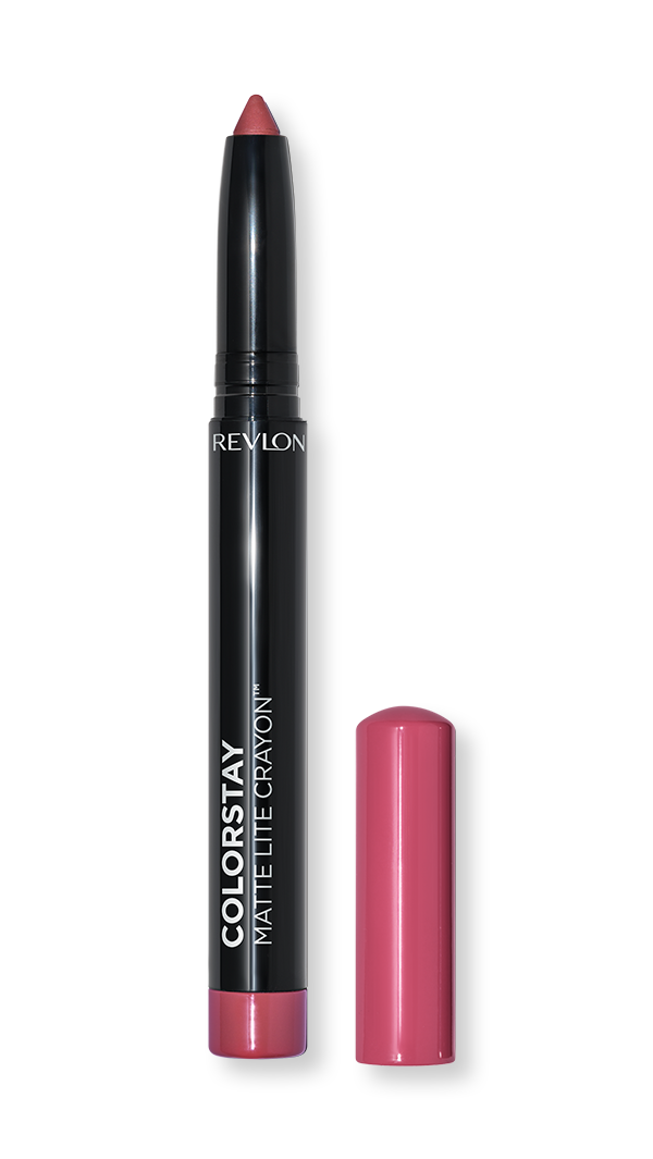 A ColorStay Matte Lite Crayon lip product in a pink shade, with the cap off, placed next to its black packaging tube.